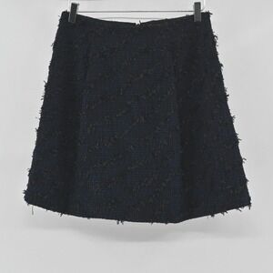 J McLaughlin Womens A Line Tweed Skirt Size 6 Navy Black Textured‎ Fringe Cotton